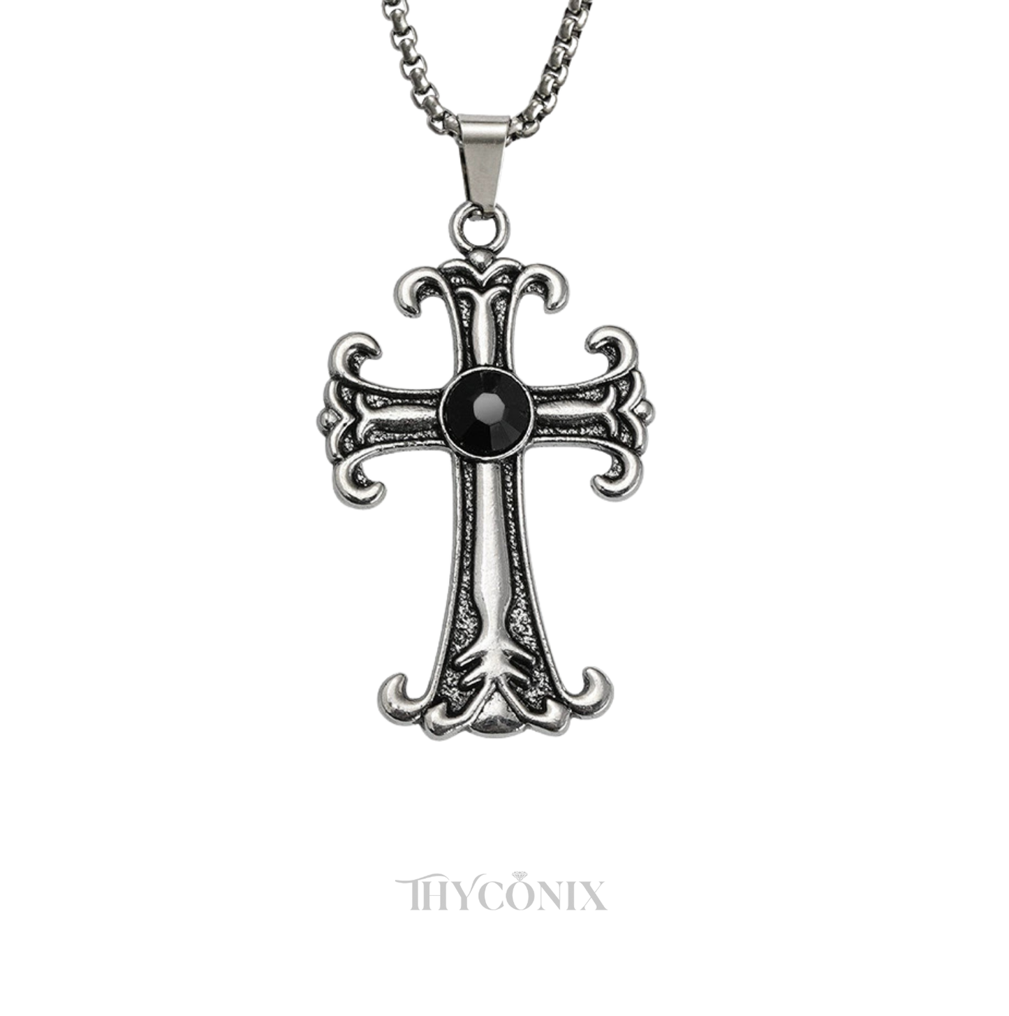 Black stone Silver Cross Necklace