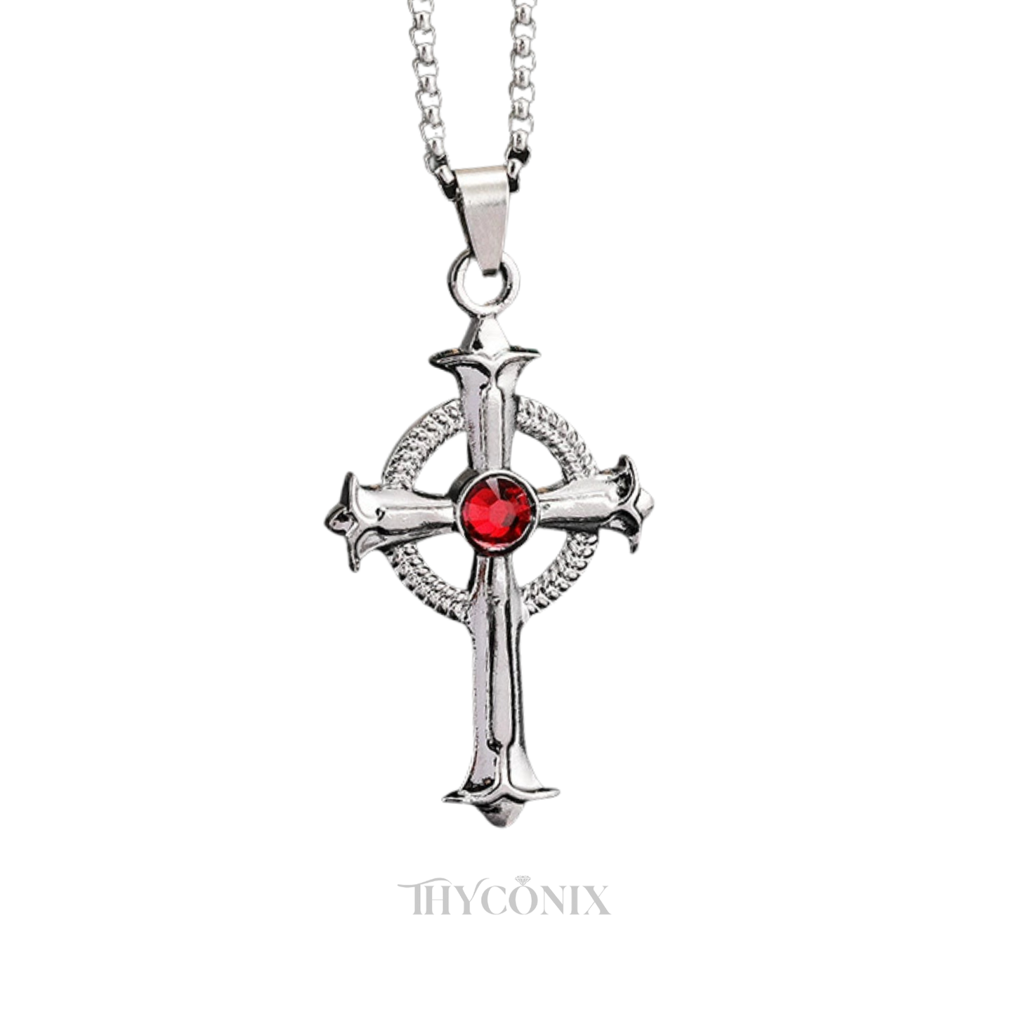 Red stone Silver Cross Necklace