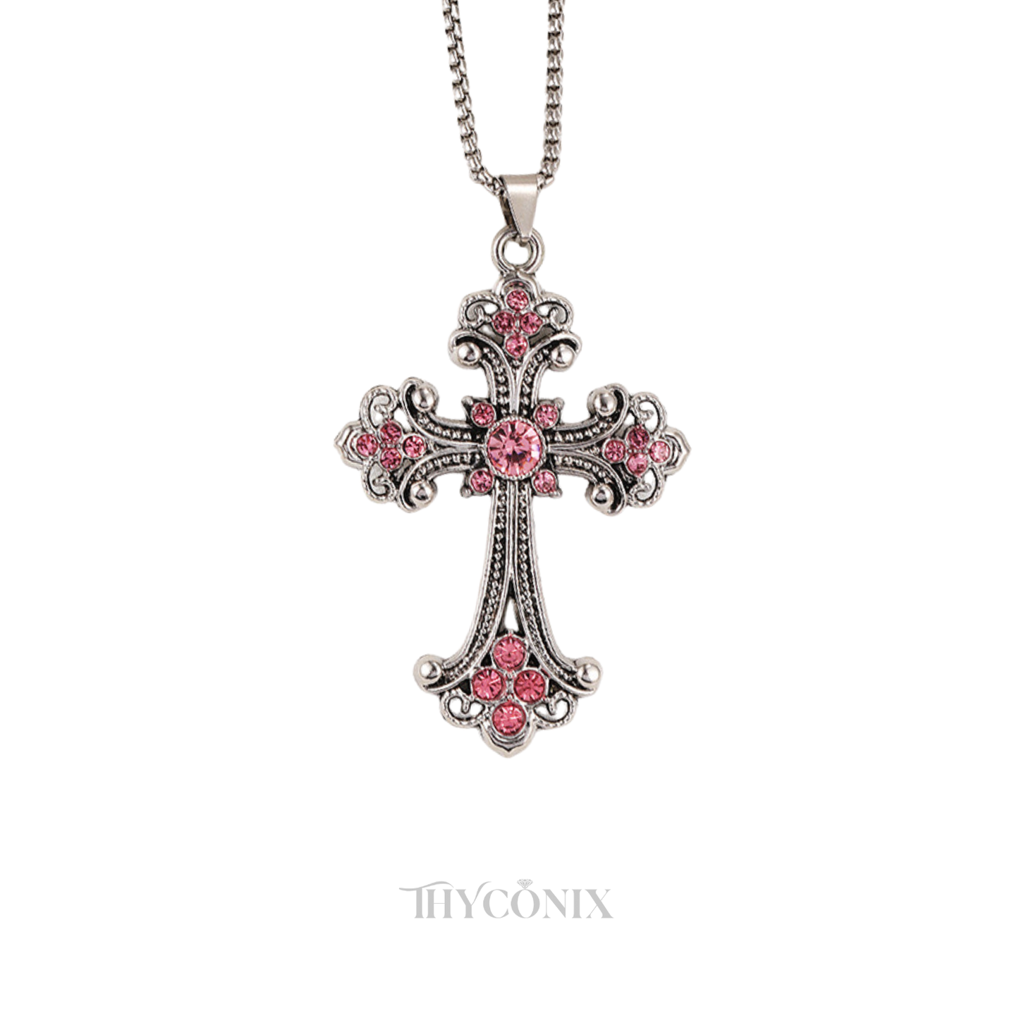Pink Gemstone Silver Cross Necklace