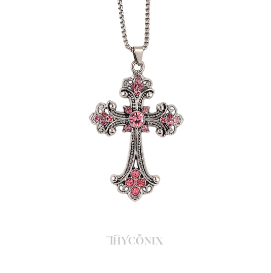 Pink Gemstone Silver Cross Necklace