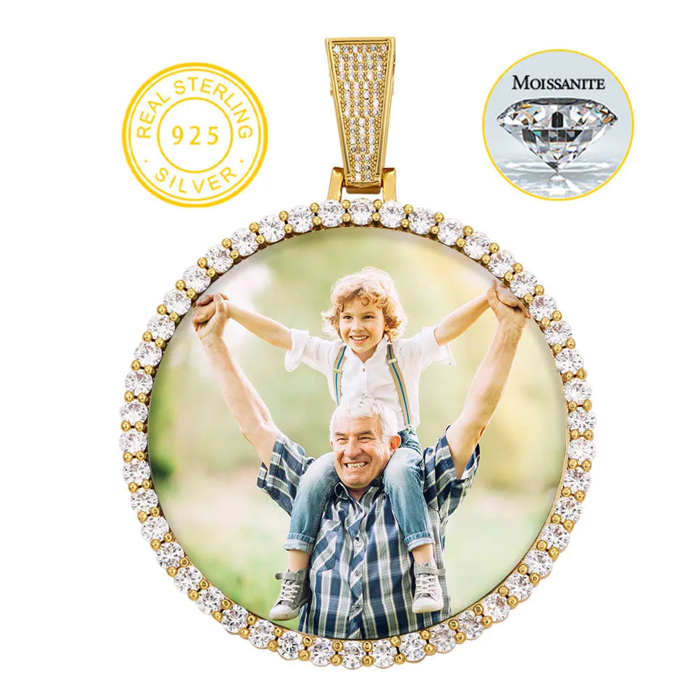 Moissanite Memory Medallions Custom Photo Pendant 925 Sterling Silver Necklace