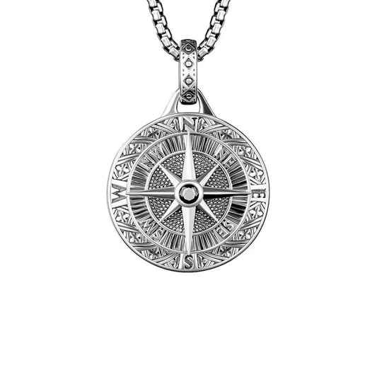 Vintage Silver Compass Pendant Necklace