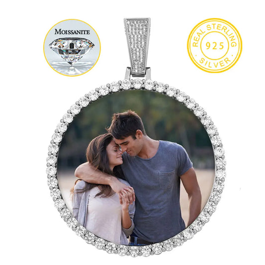 Moissanite Memory Medallions Custom Photo Pendant 925 Sterling Silver Necklace