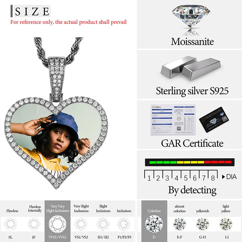 Moissanite Memory Medallions Custom Photo Pendant 925 Sterling Silver Necklace