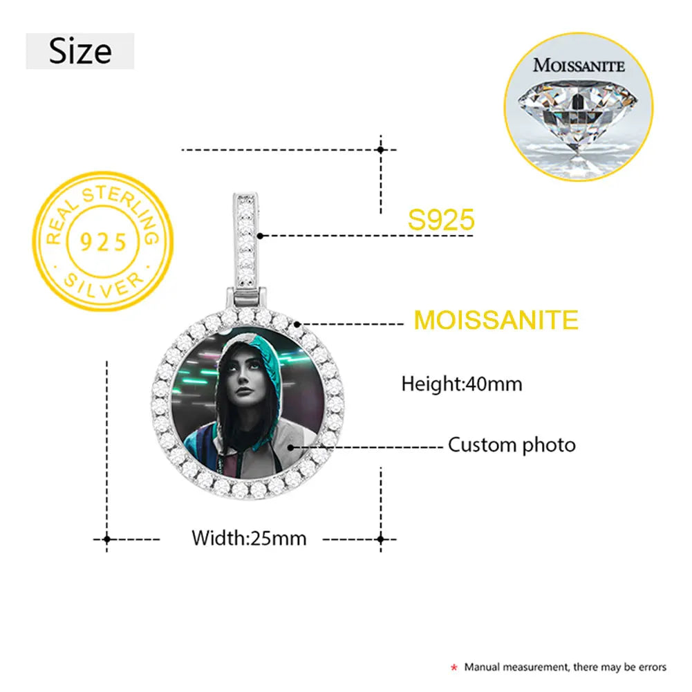 Moissanite Memory Medallions Custom Photo Pendant 925 Sterling Silver Necklace