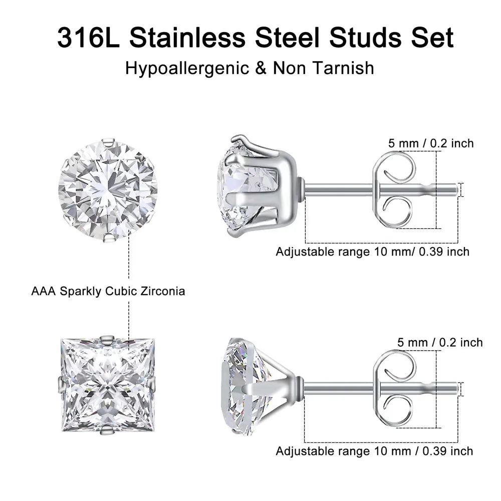 3-8mm Hypoallergenic Stainless Steel Stud Earrings