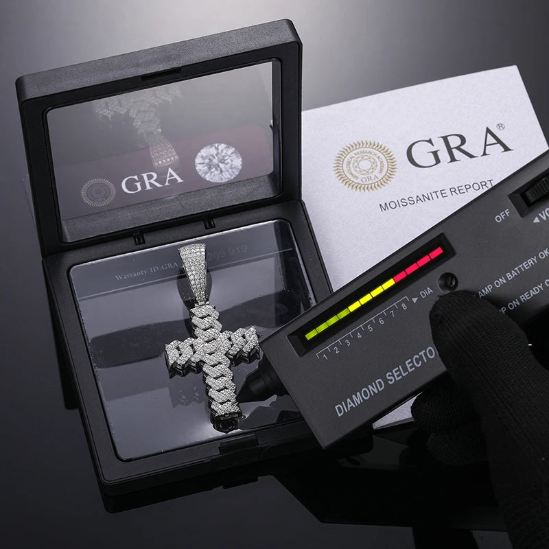 Cuban Chain Cross Pendant D VVS Moissanite 925 Sterling Silver Necklace