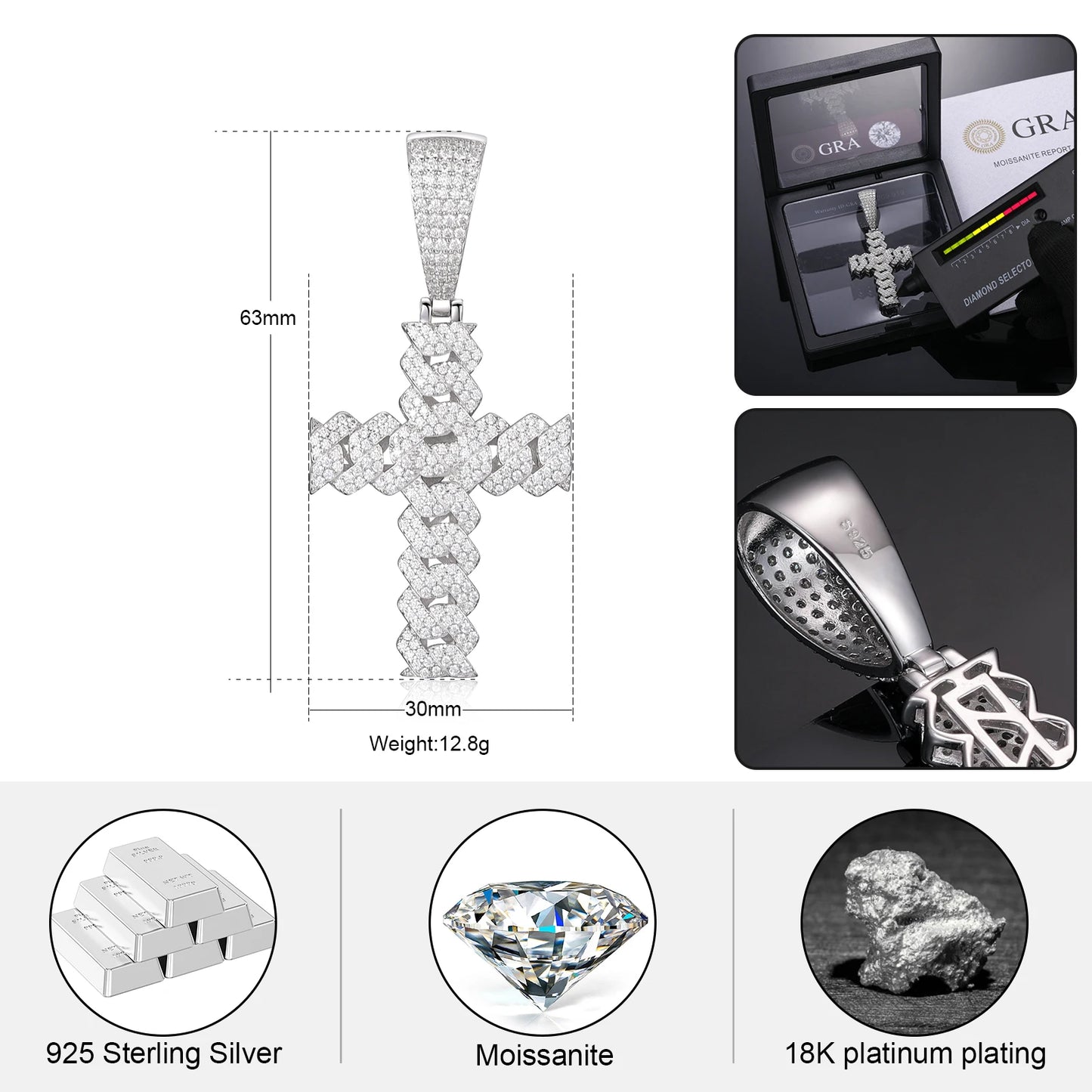 Cuban Chain Cross Pendant D VVS Moissanite 925 Sterling Silver Necklace